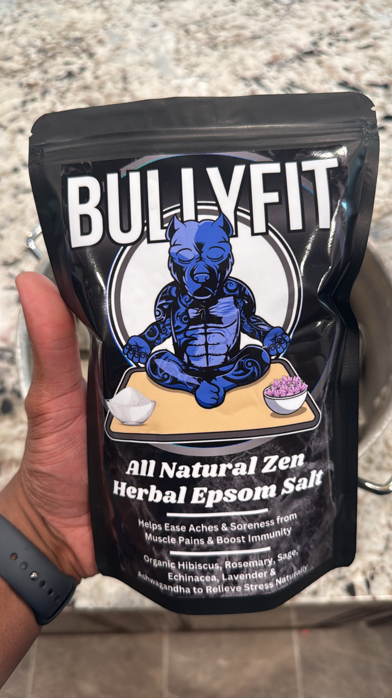 BullyFIT All Natural Zen Herbal Epsom Salt. (6 Satchel Bags Per Pouch) | Relaxing bath soak | Organic Bath Salts| Herbs| Plant Based| Recovery| Stress Relief| Ease Body Aches | Immunity Boost|Handcrafted