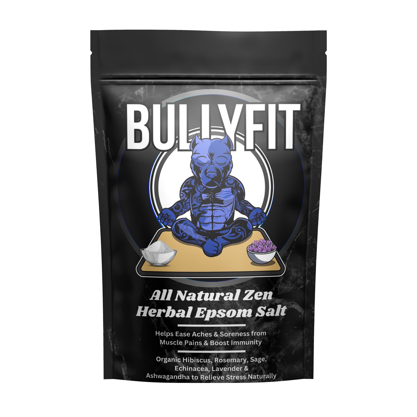 BullyFIT All Natural Zen Herbal Epsom Salt. (6 Satchel Bags Per Pouch) | Relaxing bath soak | Organic Bath Salts| Herbs| Plant Based| Recovery| Stress Relief| Ease Body Aches | Immunity Boost|Handcrafted