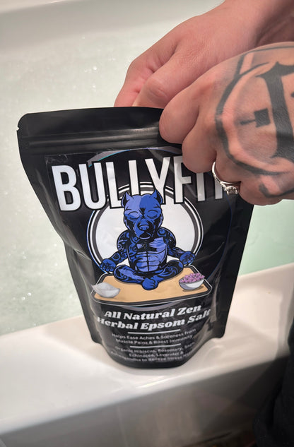 BullyFIT All Natural Zen Herbal Epsom Salt. (6 Satchel Bags Per Pouch) | Relaxing bath soak | Organic Bath Salts| Herbs| Plant Based| Recovery| Stress Relief| Ease Body Aches | Immunity Boost|Handcrafted